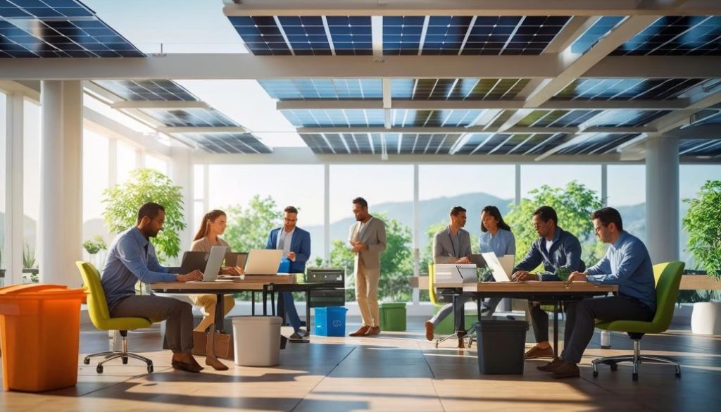 illustration showing key sustainable business practices like renewable energy, recycling, and water conservation