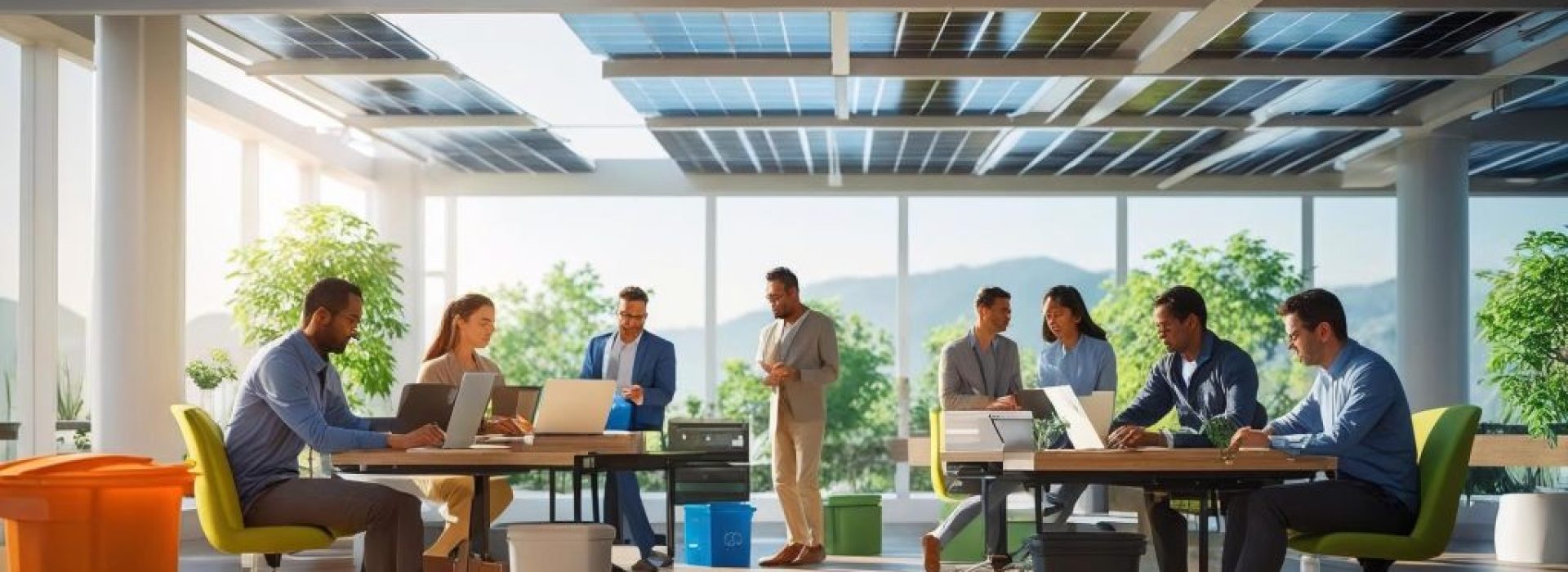 illustration showing key sustainable business practices like renewable energy, recycling, and water conservation