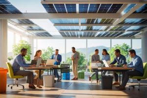 illustration showing key sustainable business practices like renewable energy, recycling, and water conservation