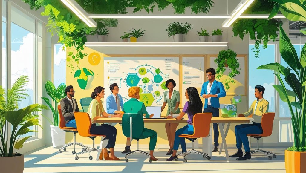 illustration showing key sustainable business practices like renewable energy, recycling, and water conservation